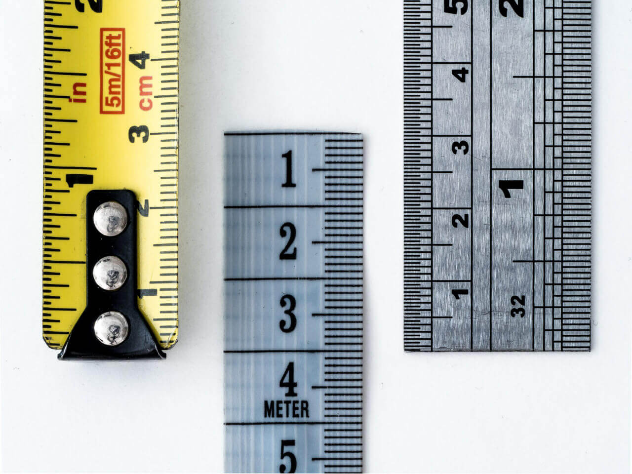 A closeup picture of three measuring scales